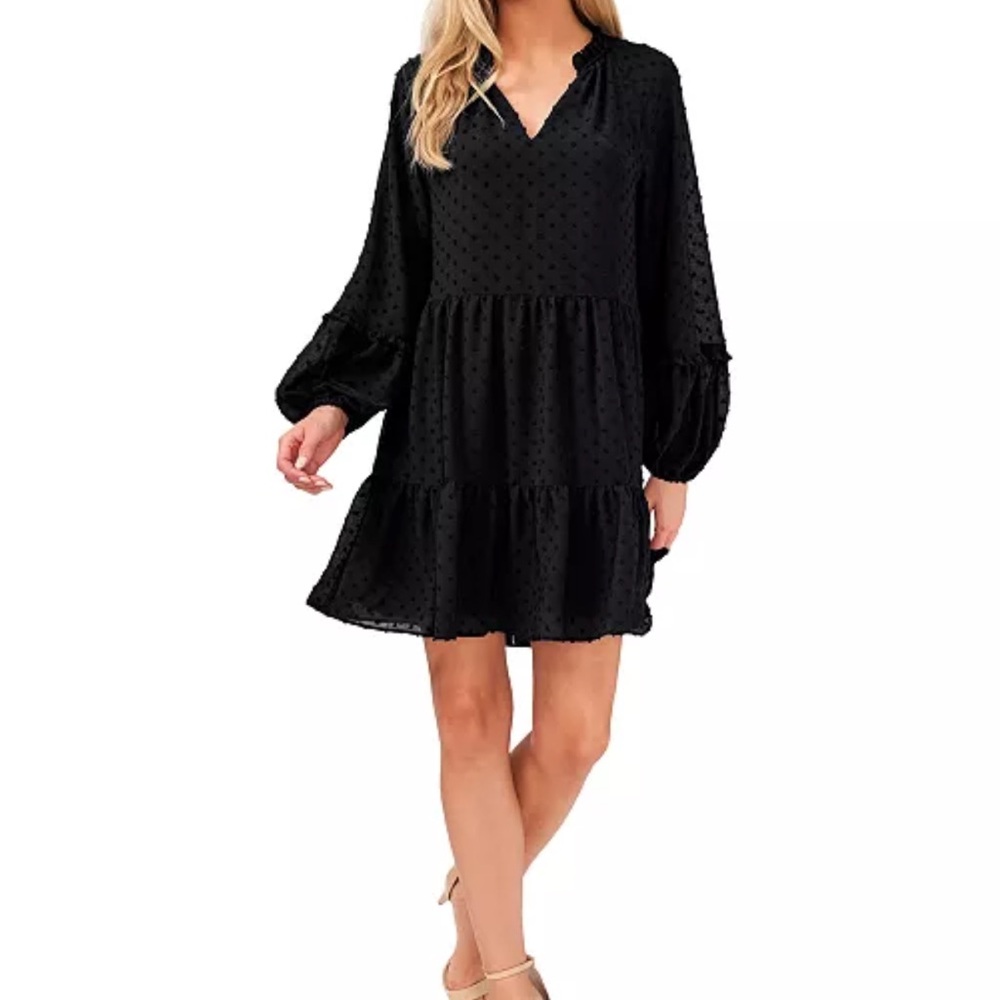 CeCe Long Sleeve Ruffled Clip-Dot Black Dress - Size Large